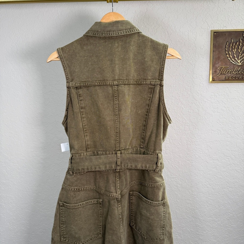 Avec Les Filles Denim Romper Olive Green Sleeveless Belted Utility Snap‎ Front L - Picture 8 of 10